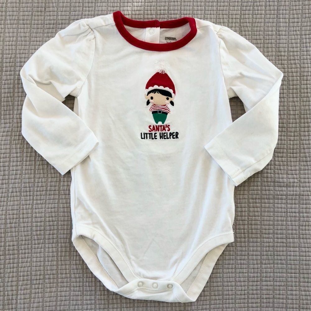 12M Baby Girl Gymboree Santa’s Little Helper Long Sleeve White Onesie - Picture 2 of 11
